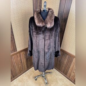 MANZARI ITALY DESIGNER BROWN SHEARED MINK & RUSSIAN SABLE COLLAR FUR COAT JACKET